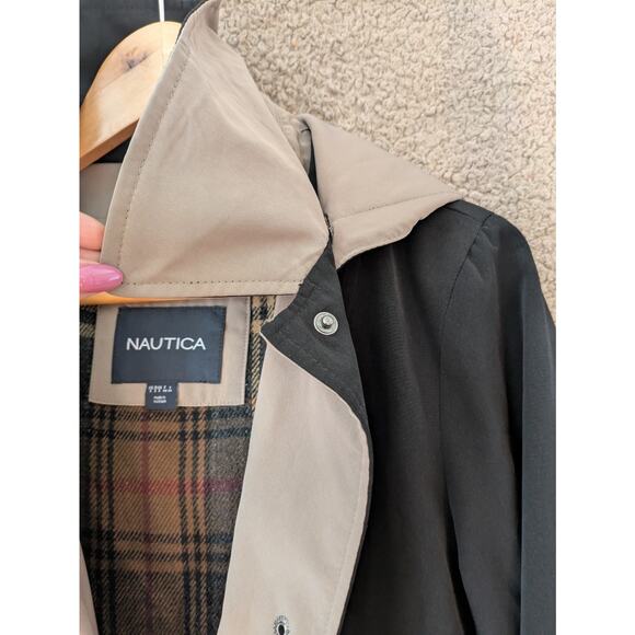 Vintage Nautica Women's Knee-Length Trench Jacket Small Black Hooded Coastal y2k - Picture 10 of 16